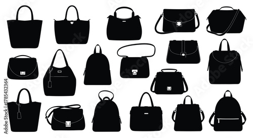 Black handbag purse vector silhouette set fashion accessories collection