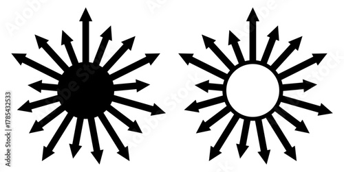 Outward Centrifugal Center Arrow Vector Dynamic arrow design pointing away from a central point, symbolizing outward force, divergence, and expansion. Ideal for diagrams, processes, and directional