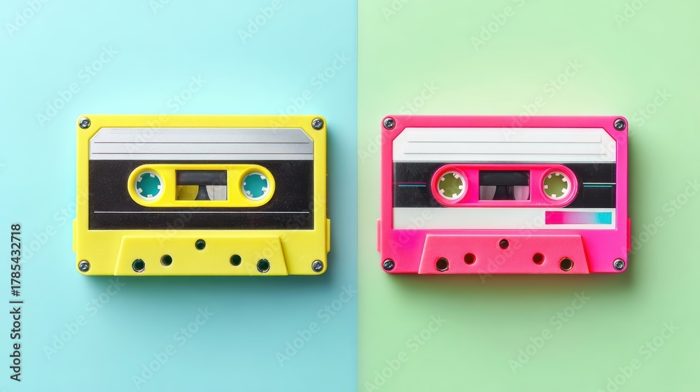Obraz premium Two retro cassette tapes, one yellow and one pink, placed side by side on a split pastel blue and green background.
