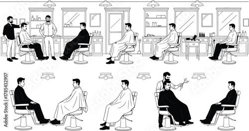 Barbershop illustration, haircut sequence, black and white, grooming process, barber tools, customer interaction, interior scene, personal care, service