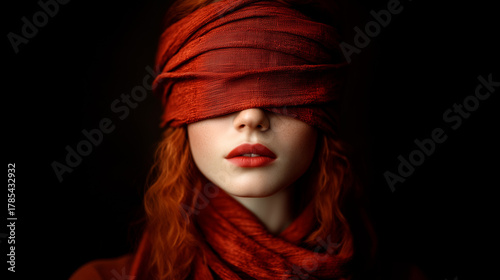 Portrait Shot of a Red-head Model with Red Lipstick and a Linen Wrap Fabric Covering Her Head and Eyes