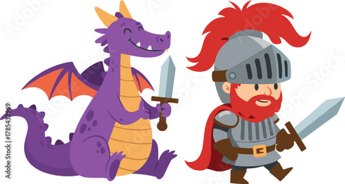 Cartoon dragon and knight, fantasy illustration, sword, armor, purple dragon, red cape, friendly pose, humorous scene, medieval, character art