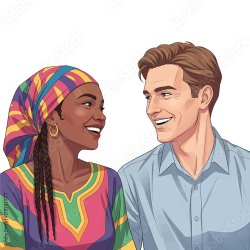 An illustration of a happy multiethnic couple, a Black woman and a White man, smiling and looking at each other.