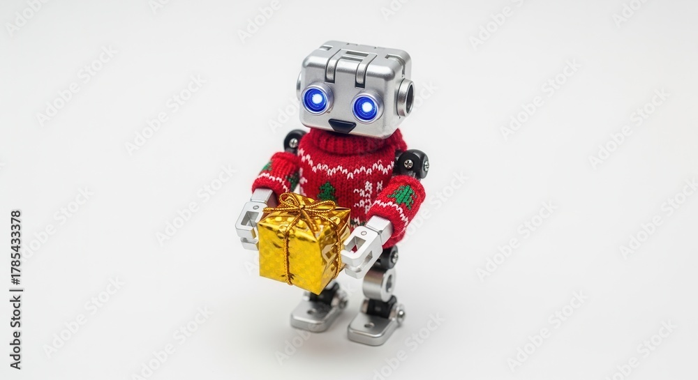 Fototapeta premium Small robot in Christmas sweater holding tiny gift box with golden wrapping on white background
