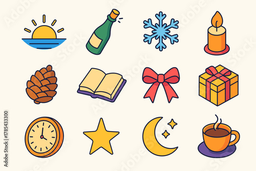 Festive Icon Set. Christmas & New Year New Beginnings modern flat icon set: sunrise, champagne bottle, snowflake, candle flame, pinecone, open journal, ribbon bow, wrapped gift,