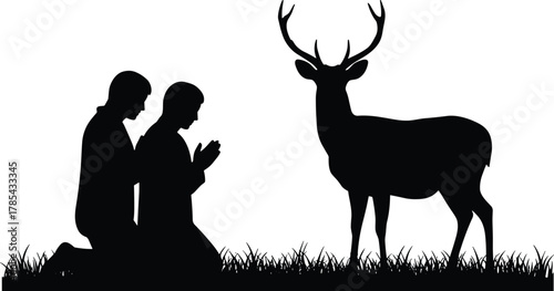 Silhouette, humans kneeling, praying to deer, nature worship, spiritual wildlife moment, antlers, outdoor scene, reverence, peaceful, black and white, grass