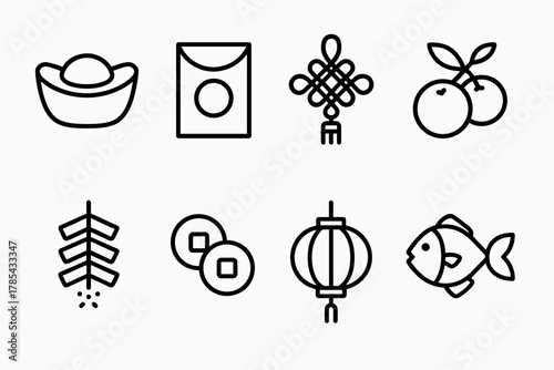Lunar New Year Symbols. Lunar New Year Prosperity Symbols outline icon set: golden ingot, red envelope, lucky knot, tangerine branch, firecrackers, gold coins, lantern, fish symbol