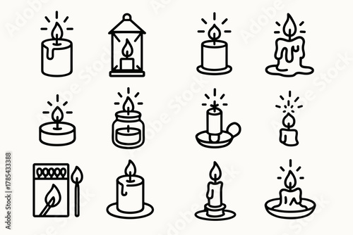Candle Icon Collection. Candle Glow outline icon set: pillar candle, lantern, wax drip, glowing flame, tealight, wick spark, glass jar, brass holder, matchbox, candle tray, melted