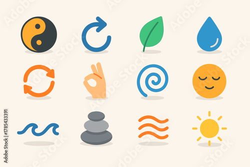 Balanced Motion Icons. Balanced Motion modern flat icon set: yin-yang, curved arrow, leaf, water droplet, circular flow, hand gesture, spiral pattern, calm face, wave, balance
