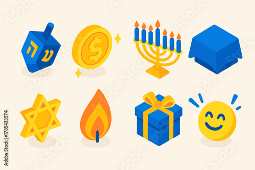 Hanukkah Icon Set. Family Dreidel Tradition modern flat icon set: dreidel top, shining gelt, menorah candles, blue tablecloth, star symbol, flame, gift, festive joy.