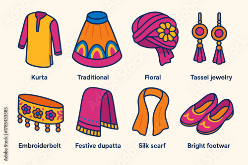 Lohri Attire Icons. Lohri Colorful Attire modern flat icon set: vivid kurta, traditional lehenga, floral turban, tassel jewelry, embroidered belt, festive dupatta, silk scarf,