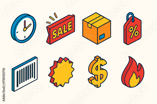 Vibrant Sale Icon Set. Sales Limited Offers modern flat icon set: clock icon, flashing sale banner, product box, discount tag, barcode, starburst badge, dollar sign, fire symbol.