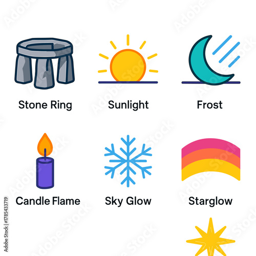 Solstice Icon Set. Solstice Monument modern flat icon set: stone ring, sunlight, moonrise, frost, candle flame, snowflake, sky glow, starburst.