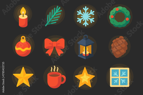 Christmas Evening Icons. Christmas Candlelight Evening modern flat icon set: candle flame, pine branch, snowflake, wreath, ornament, ribbon bow, lantern, pinecone, warm mug, star,
