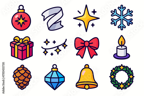 Festive Isometric Icons. Seasonal Sparkle modern flat icon set: glowing ornament, silver ribbon, twinkle star, snowflake, wrapped gift, glitter garland, festive bow, candle flame,