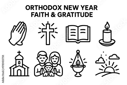 Orthodox New Year Symbols. Orthodox New Year Faith & Gratitude outline icon set: praying hands, glowing cross, open scripture, lit candle, peaceful church, thankful family, icon
