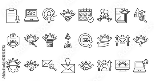 Icon Pack of Meeting in Creative Outline Vector Style for Business Team Collaboration Communication Brainstorming Discussion Office Work Strategy Planning Presentation Corporate Management Leadership