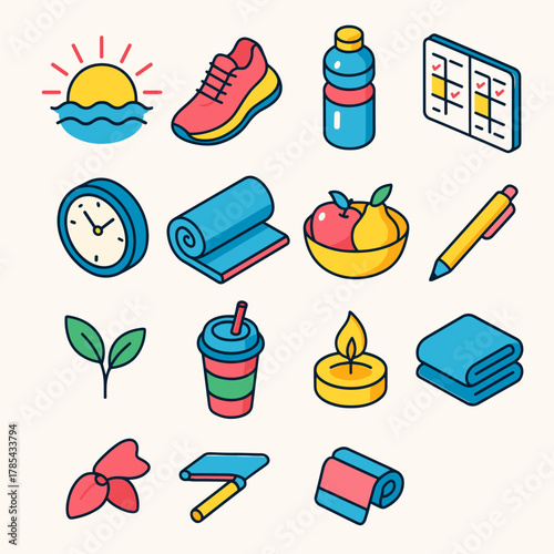 New Year Icons. New Year Momentum Flow modern flat icon set: sunrise, running shoes, water bottle, open planner, clock, yoga mat, fruit bowl, pen, leafy sprout, smoothie cup,