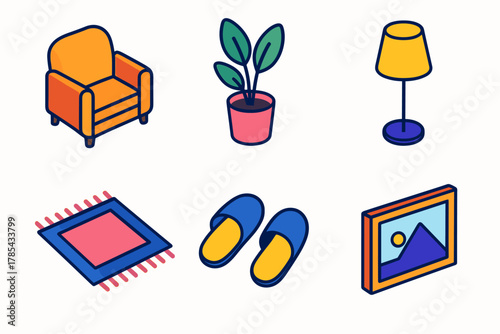 Modern Home Icons. Home Serenity modern flat icon set: armchair, house plant, lamp, rug, slippers, framed picture.