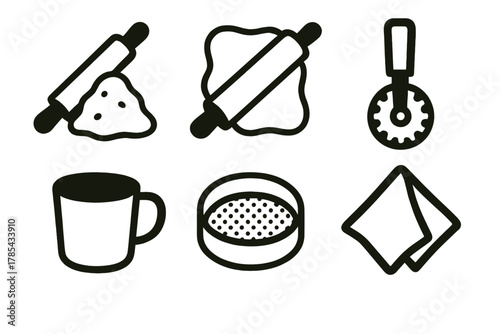 Bold Baking Icons. Baking Setup Scene bold vector icon set: pin with flour, dough sheet, cutter, cup, sieve, cloth napkin.