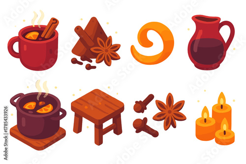 Mulled Wine Icons. Traditional Mulled Wine modern flat icon set: rustic mug, spice mix, orange peel, red wine jug, steaming pot, wooden table, cloves and anise, cozy glow.