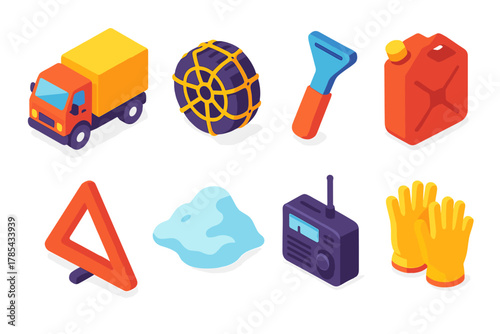 Isometric Vehicle Icons. Vehicle Operations modern flat icon set: truck, tire chains, windshield scraper, fuel can, safety triangle, snow drift, radio, gloves.
