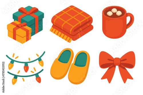 Festive Morning Icons. Festive Morning modern flat icon set: wrapped presents, cozy blanket, mug of cocoa, twinkling lights, slippers, bow.