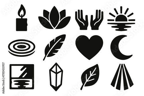 Spiritual Vector Icons. Spiritual Reflection Set bold vector icon set: candle flame, lotus flower, open hands, sunrise, water ripple, feather, heart, moon, reflection pool, crystal