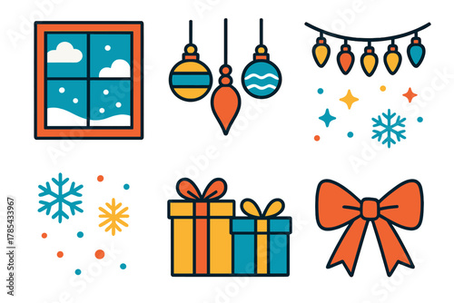Festive Window Icons. Seasonal Window Scene modern flat icon set: holiday frame, hanging ornaments, twinkle lights, gifts, snow dust, bow.