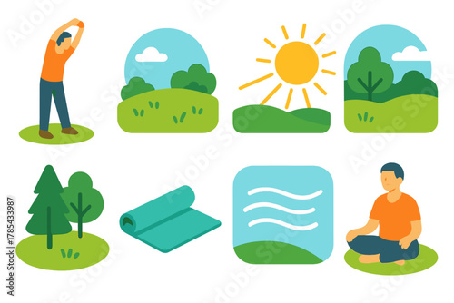 Isometric Nature Stretches. Stretching in Nature modern flat icon set: standing stretch, open meadow, sun rays, peaceful landscape, forest edge, yoga mat, breeze lines, relaxed