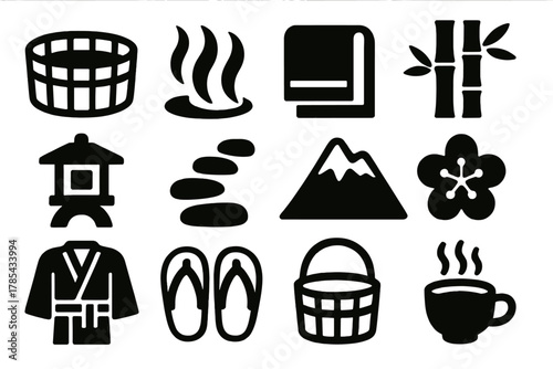 Onsen Icon Set. Onsen Experience bold vector icon set: wooden bath, hot spring steam, towel, bamboo, lantern, stone path, mountain, cherry blossom, robe, sandals, bucket, cup of