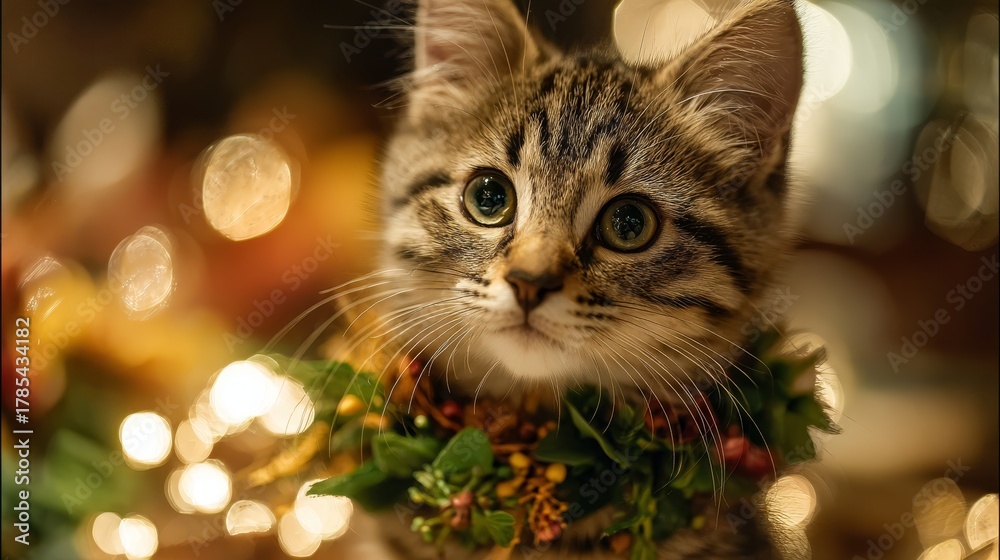 Fototapeta premium Kitten with Christmas wreath collar. Golden holiday bokeh lights background
