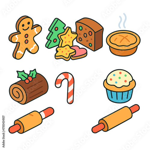 Festive Baking Icons. Holiday Baking Treats modern flat icon set: gingerbread man, sugar cookies with icing, fruitcake slice, pie with steam, yule log cake, candy cane, muffin with