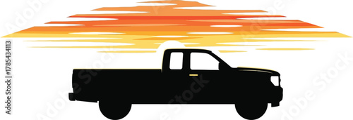 A modern pickup truck silhouette is set against a stylized sunset backdrop, isolated on white background, symbolizing freedom and the spirit of exploration
