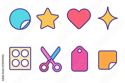 Vibrant Isometric Icons. Modern Stickers modern flat icon set: circle icon, star, heart, sparkle, label sheet, scissors, tag, peel edge.