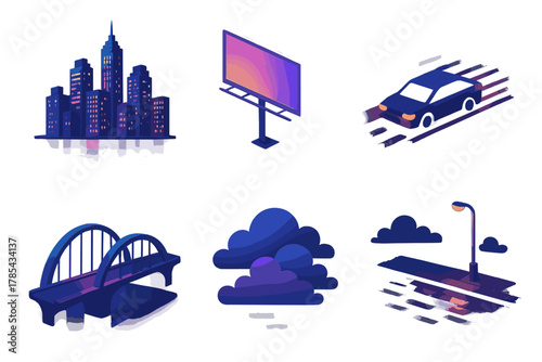 Modern Nightscape Icons. Modern Nightscape Icons modern flat icon set: illuminated skyline, street reflections, billboard glow, car trail, bridge arch, clouds.