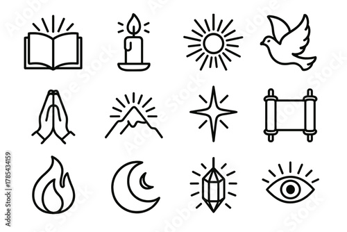 Sacred Symbols Icons. Sacred Revelation Symbols outline icon set: shining book, candle, sunburst, dove, prayer hands, mountain, radiant star, scroll, flame, moon, crystal light,