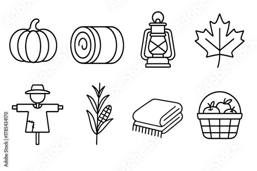 Autumn Harvest Icons. Autumn Charm outline icon set: pumpkin, hay bale, lantern, maple leaf, scarecrow, corn stalk, cozy blanket, harvest basket.