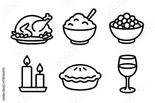 Festive Feast Icons. Holiday Feast outline icon set: roast turkey, mashed potatoes, cranberry sauce, candles, pie, wine glass.