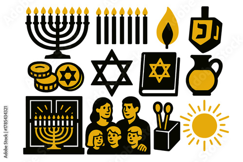 Hanukkah Icon Set. Hanukkah Menorah Lighting bold vector icon set: menorah, candles, flame, dreidel, gelt coins, Star of David, prayer book, olive oil jar, matches, window sill,