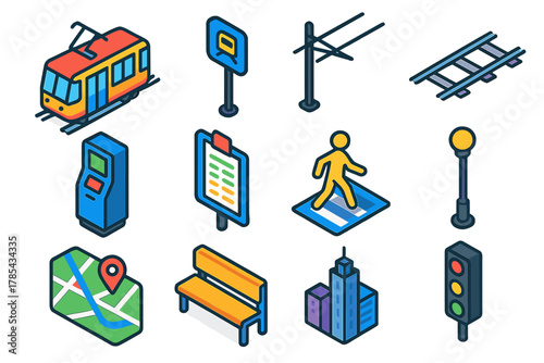 Urban Tramway Icons. Urban Tramways modern flat icon set: streetcar, tram stop sign, overhead wires, rails, ticket machine, timetable, pedestrian crossing, lamppost, map, station