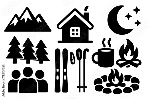 Winter Icon Set. Mountain Winter Gathering bold vector icon set: snowy peaks, cozy cabin, bonfire circle, group of people, ski gear, pine trees, steaming mugs, starry sky.