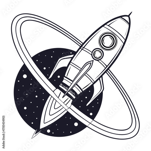 A black and white drawing of a rocket orbiting a planet
