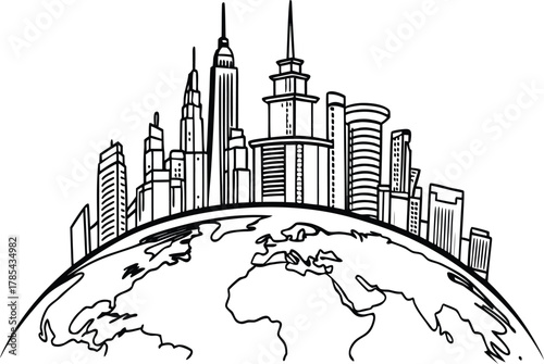 Hand drawn illustration of a city skyline on the planet earth