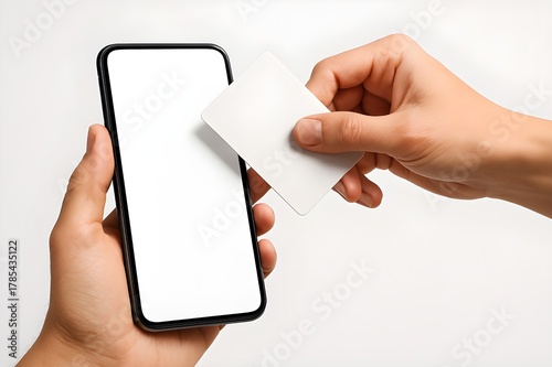 Hand making a contactless payment with a credit card on a smartphone with a blank screen mockup, isolated on white background