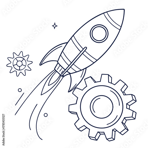 Illustration of a rocket launching with gears