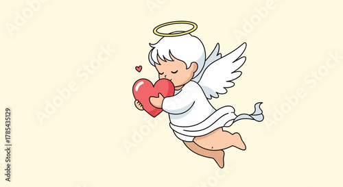 A sweet cartoon cupid with white wings and a golden halo gently holds and kisses a vibrant red heart, symbolizing love and affection.