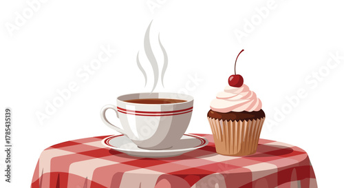 A comforting scene featuring a steaming cup of coffee alongside a delicious cupcake crowned with a red cherry, resting on a checkered table.