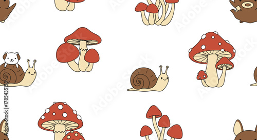 Cute seamless pattern with cartoon snails, adorable puppies, and various types of mushrooms on a white background, ideal for children's designs or fabric.