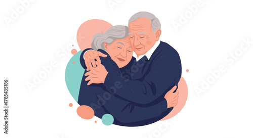 Illustration of an older couple embracing each other lovingly, depicting warmth, care, and the strong bond of their long-lasting relationship.